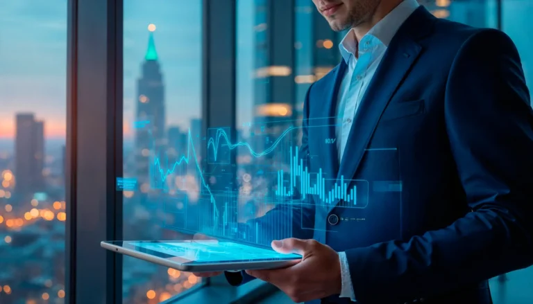 Ein Business-Setting-Bild zeigt einen Mann in einem dunkelblauen Anzug, der in einem modernen Büro vor einer großen Fensterfront steht. Er hält ein leuchtendes, transparentes Tablet in den Händen, auf dem eine Reihe von blau schimmernden Finanzdiagrammen und Graphen zu sehen ist, die als futuristisches Hologramm in die Luft projiziert werden. Diese Darstellung symbolisiert die digitale und strategische Natur der Frage, was ist Kapital, und wie es heute mithilfe von Technologie analysiert und verwaltet wird.