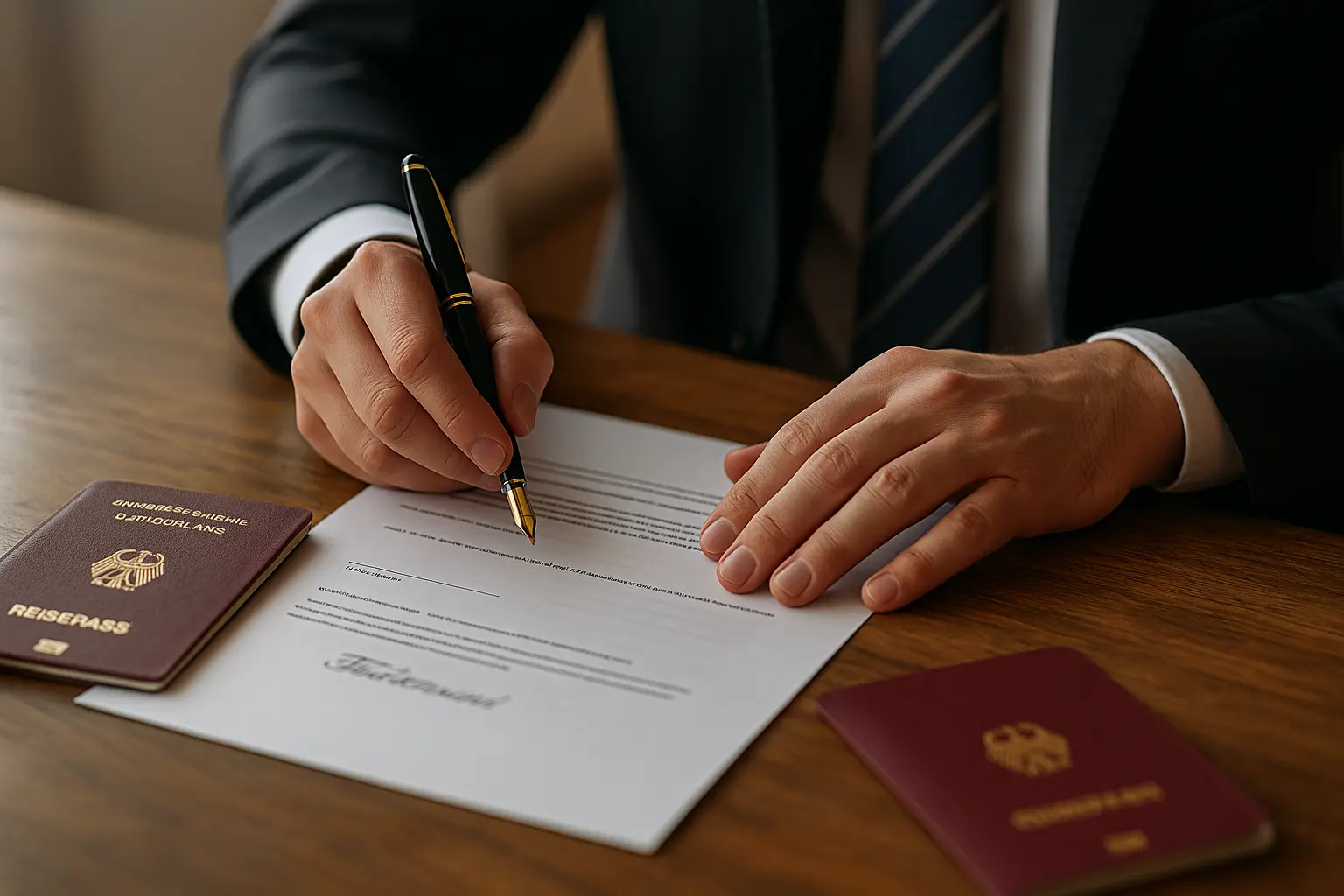 Ein Mann im Anzug unterschreibt wichtige Dokumente, um einen Erbschein zu beantragen; auf dem Tisch liegen deutsche Reisepässe und amtliche Formulare.