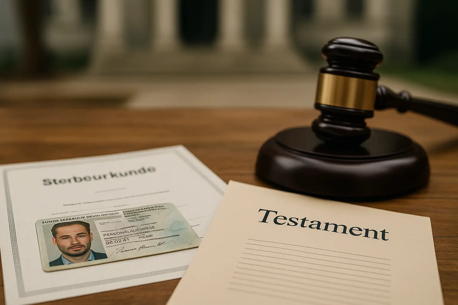 Eine realistische Aufnahme zeigt eine Sterbeurkunde, einen deutschen Personalausweis und ein Testament auf einem Holztisch. Daneben liegt ein Richterhammer, der die rechtliche Bedeutung des Erbscheins symbolisiert. Im Hintergrund verschwimmt das Bild eines Gerichtsgebäudes, was die bürokratische Umgebung verdeutlicht. Das Arrangement vermittelt Seriosität und die formalen Schritte, die notwendig sind, um ein Erbe geltend zu machen.