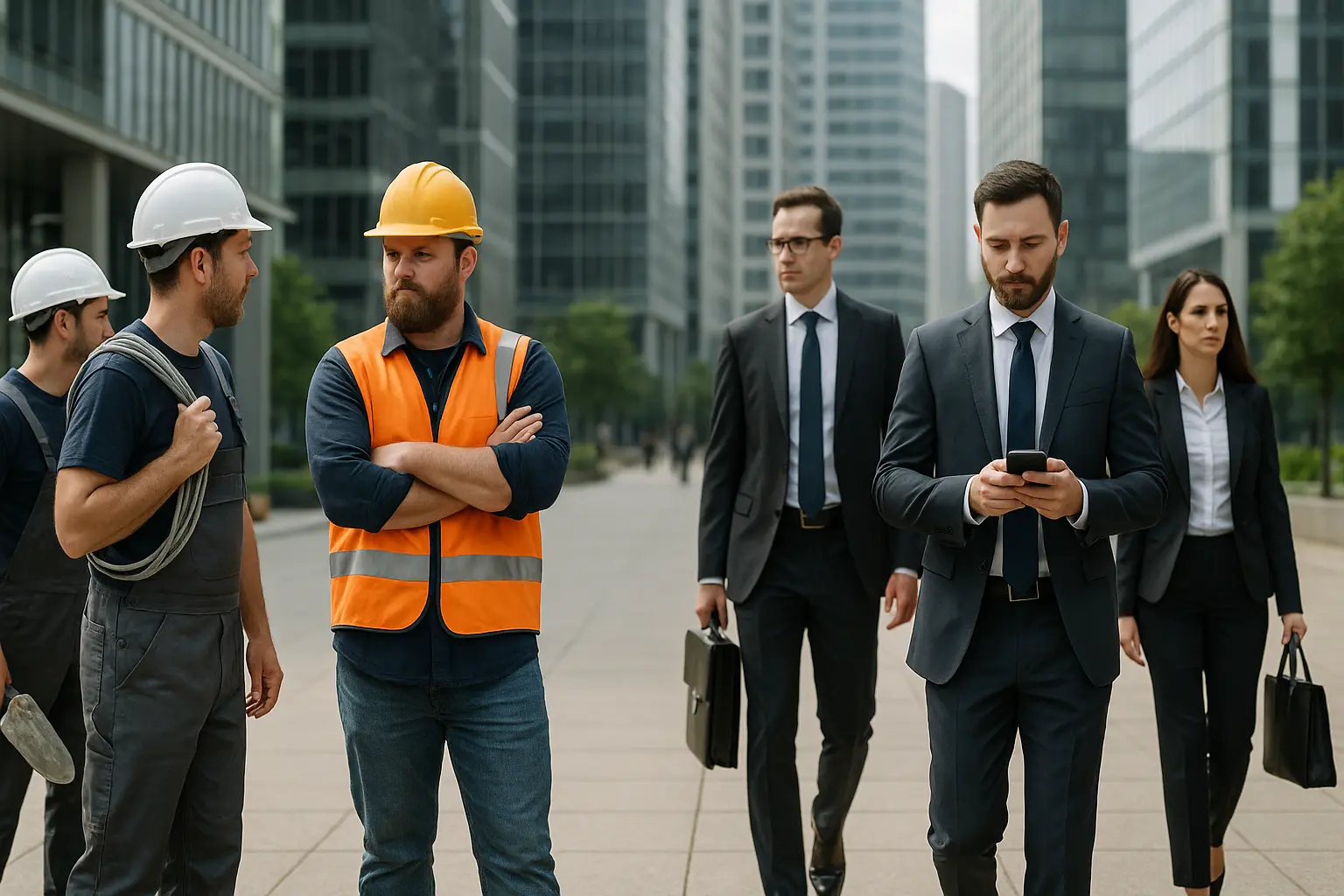 Das Bild zeigt eine symbolische Szene in einer Stadt: Auf der linken Seite Arbeiter in Arbeitskleidung, auf der rechten Seite Geschäftsleute in Anzügen. Im Hintergrund sind moderne Bürogebäude zu sehen. Die Komposition vermittelt den Gegensatz zwischen Arbeitnehmern und Kapitaleignern und verdeutlicht die gesellschaftliche Relevanz der Lohnquote.