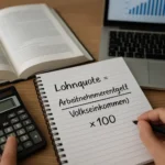 Ein realistisches Foto zeigt einen Schreibtisch mit aufgeschlagenem Wirtschaftslexikon, Taschenrechner und Notizblock. Auf dem Block steht die Formel „Lohnquote = (Arbeitnehmerentgelt / Volkseinkommen) × 100“. Im Hintergrund sind verschwommen Diagramme auf einem Laptop zu sehen. Die Szene vermittelt akademisches Arbeiten und die nüchterne Berechnung volkswirtschaftlicher Kennzahlen.