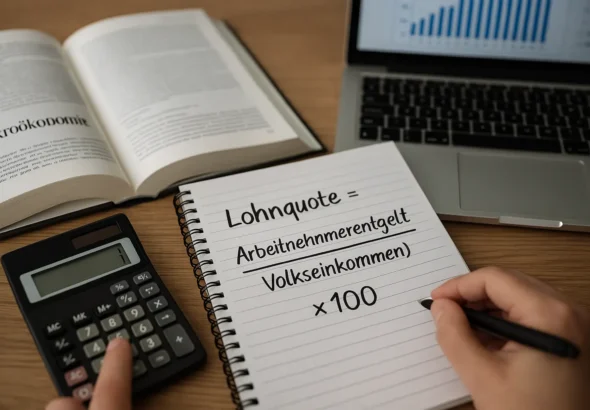 Ein realistisches Foto zeigt einen Schreibtisch mit aufgeschlagenem Wirtschaftslexikon, Taschenrechner und Notizblock. Auf dem Block steht die Formel „Lohnquote = (Arbeitnehmerentgelt / Volkseinkommen) × 100“. Im Hintergrund sind verschwommen Diagramme auf einem Laptop zu sehen. Die Szene vermittelt akademisches Arbeiten und die nüchterne Berechnung volkswirtschaftlicher Kennzahlen.