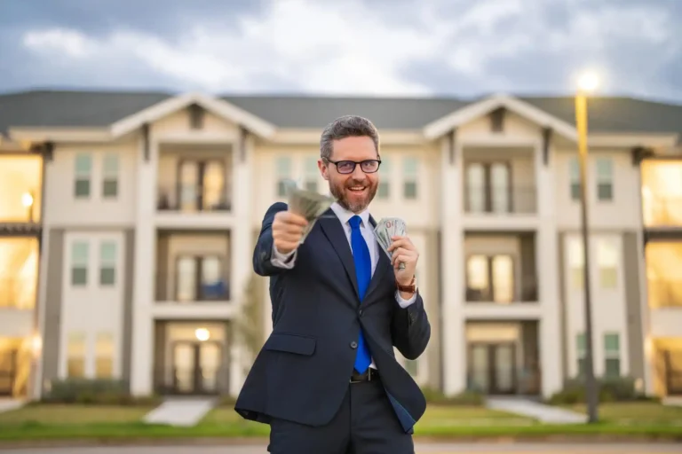 Ein glücklich aussehender Mann in einem eleganten Anzug und einer blauen Krawatte steht vor einem modernen Mehrfamilienhaus und hält einen Fächer von 100-Dollar-Scheinen in der einen Hand, während er in der anderen Hand ebenfalls Geldscheine hält. Das Mehrfamilienhaus symbolisiert eine Anlage in Immobilien, also in Realkapital. Das Geld in seinen Händen stellt das Finanzkapital dar, das zur Akquisition des Sachkapitals (der Immobilie) verwendet wurde oder aus den Mieteinnahmen stammt, wodurch das Bild die erfolgreiche Nutzung von Realkapital zur Vermögensbildung darstellt.