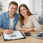 Erwerb einer Immobilie - Paar plant Immobilienkauf mit Unterlagen