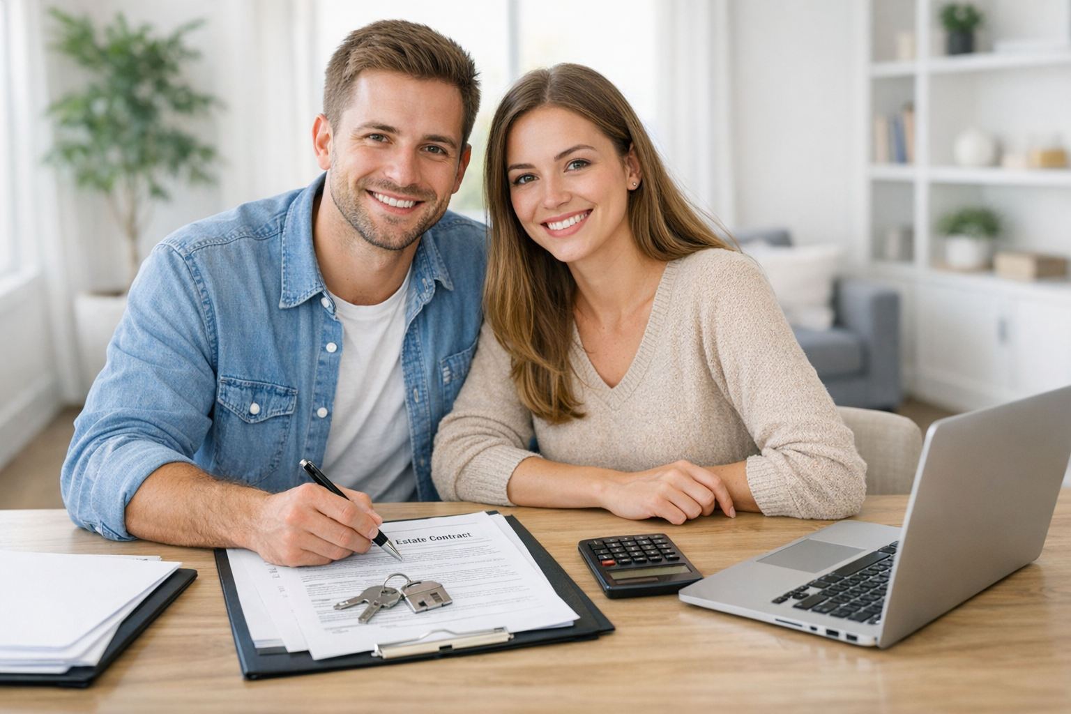 Erwerb einer Immobilie - Paar plant Immobilienkauf mit Unterlagen