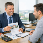 Immobilienkredit Beratung zwischen Kunde und Bankberater am Schreibtisch