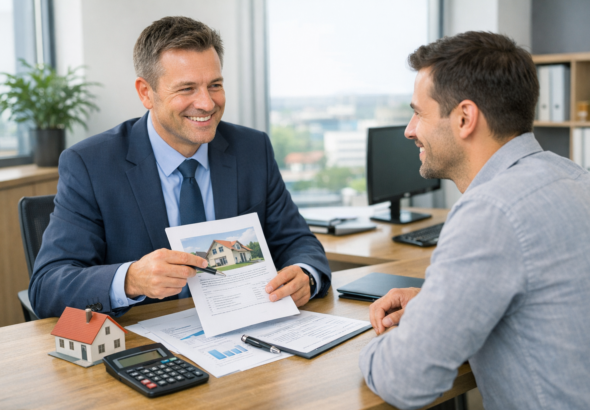 Immobilienkredit Beratung zwischen Kunde und Bankberater am Schreibtisch