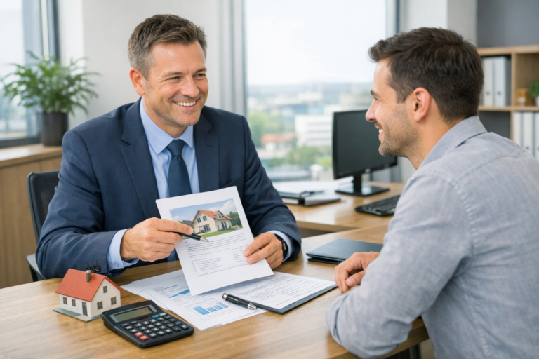 Immobilienkredit Beratung zwischen Kunde und Bankberater am Schreibtisch