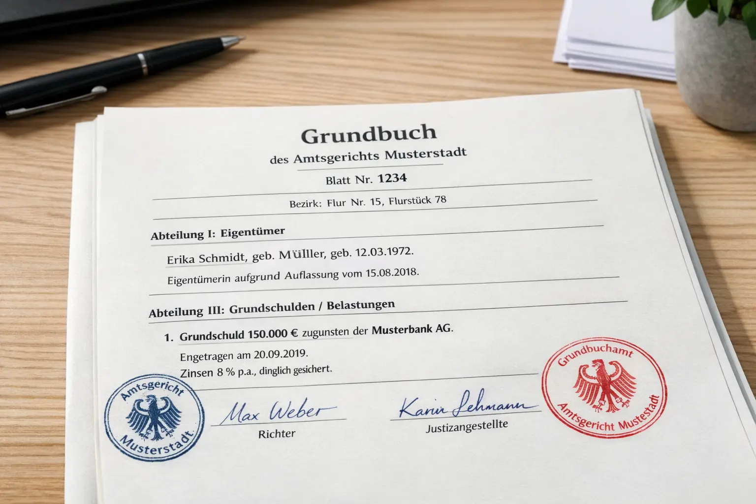 Grundbuch mit Grundschuld Eintrag für Kredit mit Haus als Sicherheit