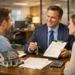 Beratungsgespräch für Kredit mit Haus als Sicherheit zwischen Bank und Kunden