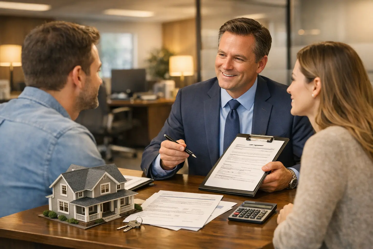 Beratungsgespräch für Kredit mit Haus als Sicherheit zwischen Bank und Kunden