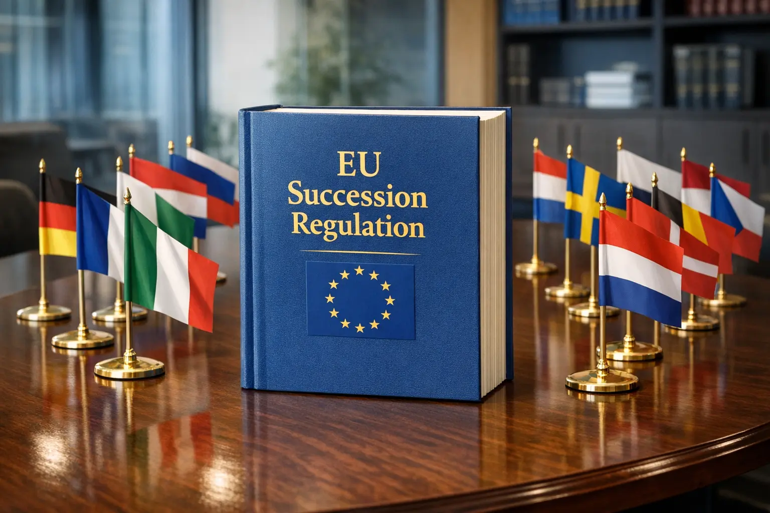 EU-Erbrechtsverordnung Gesetzbuch mit europäischen Flaggen