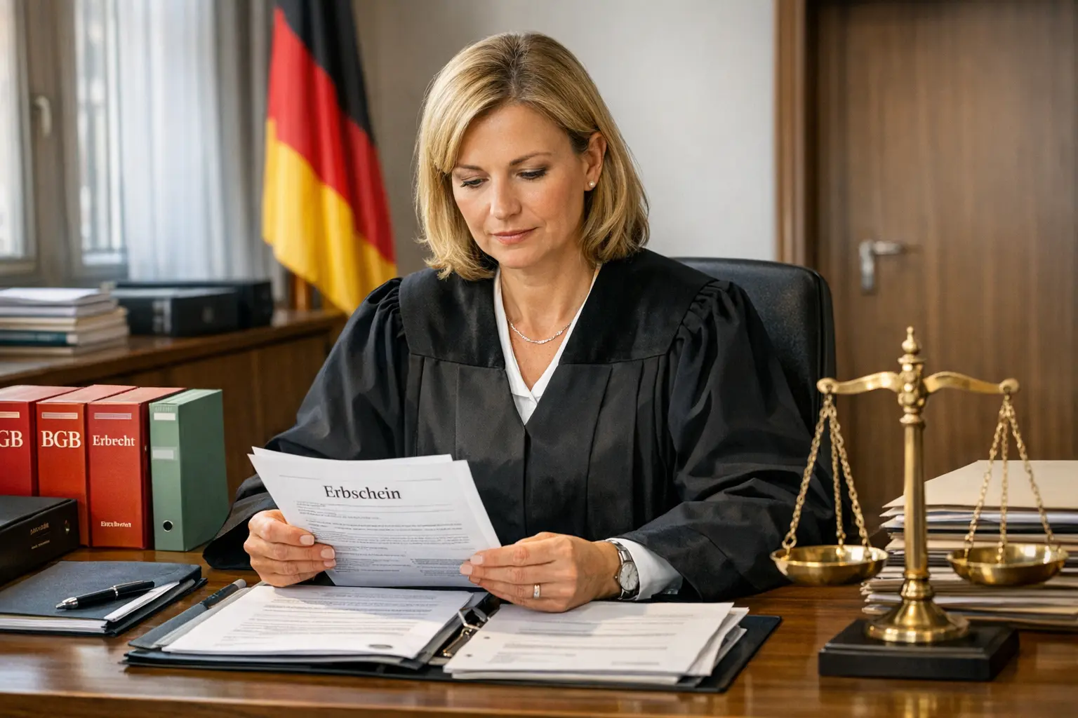 Richter am Nachlassgericht mit Akten und Gesetzbüchern