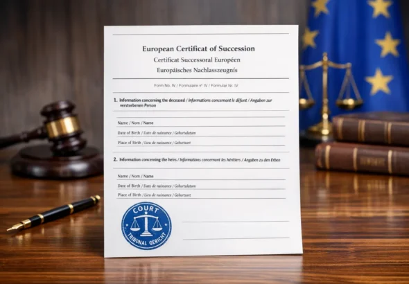 Nachlasszeugnis Dokument mit EU-Flagge und Gerichtsstempel